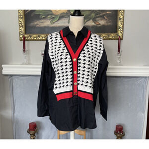 Pastel Layered Button Blouse Houndstooth Size Large